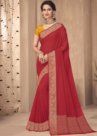 Red Zari Work Saree In Art Silk