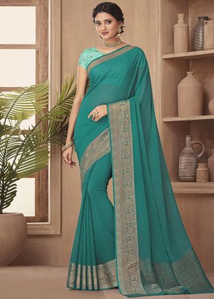 Teal Blue Zari Work Art Silk Saree