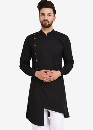 Black Readymade Asymmetric Cotton Kurta For Men Online Shopping
