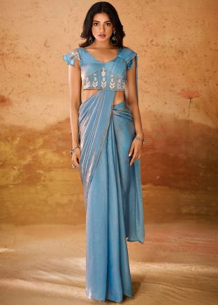 Powder Blue Pre-Stitched Organza Saree