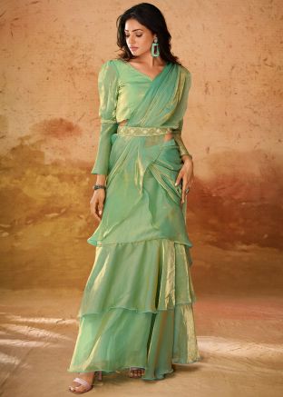 Green Pre-Stitched Lehenga Style Saree