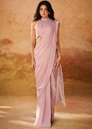 Pink Pre-Stitched Organza Saree & Blouse