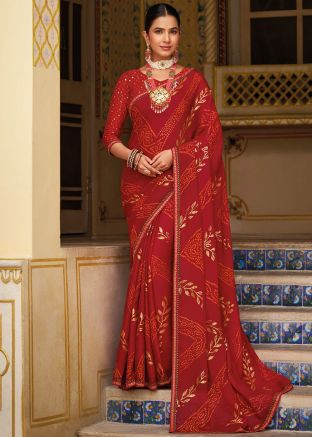 Red Bandhej Print Saree In Georgette