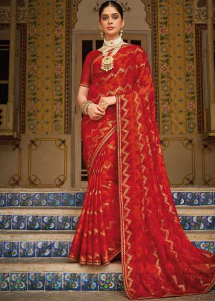 Red Zari Work Saree In Georgette
