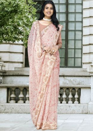 Pastel Peach Digital Printed Organza Saree
