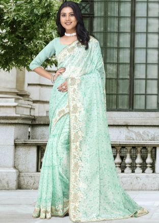 Pastel Green Digital Printed Saree In Organza