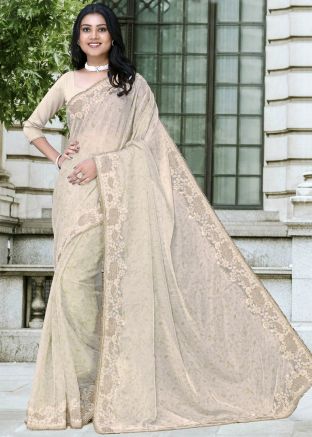 Beige Organza Saree In Digital Print