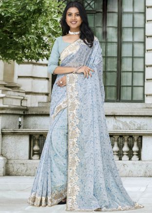 Grey Digital Printed Organza Saree With Blouse
