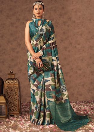 Blue Printed Saree In Silk
