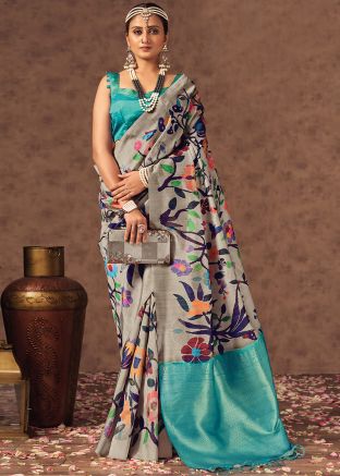 Grey Silk Saree In Printed Work
