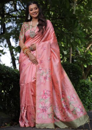 Pink Floral Printed Saree In Tussar Silk