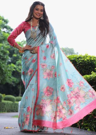 Blue Tussar Silk Saree In Floral Print