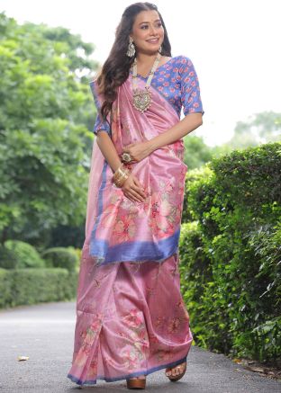 Pink Floral Printed Saree In Tussar Silk