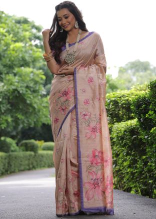 Peach Tussar Silk Saree In Floral Print