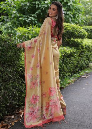 Yellow Floral Print Saree In Tussar Silk