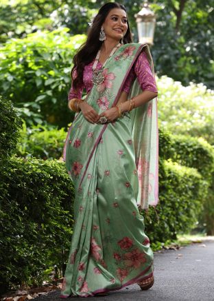 Green Floral Print Saree With Blouse