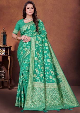 Seafoam Green Zari Woven Saree In Art Silk