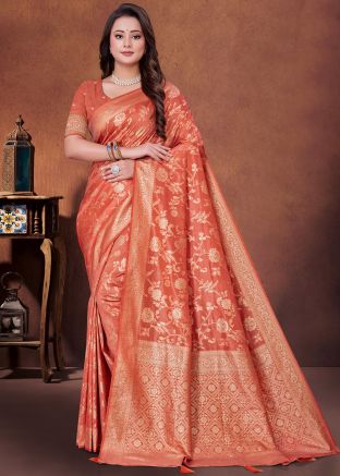 Rust Red Art Silk Saree In Zari Work
