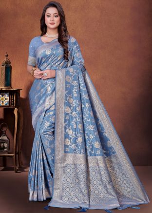 Blue Art Silk Saree With Blouse