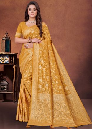 Musated Yellow Zari Woven Saree In Art Silk