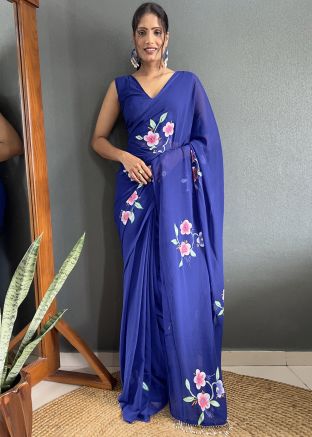 Blue Floral Print Saree In Georgette