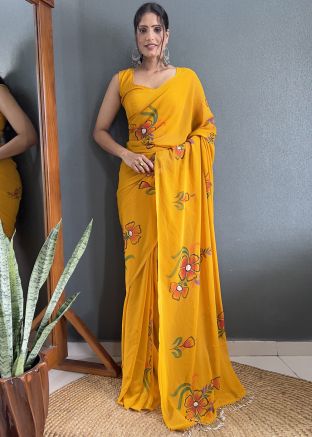 Yellow Georgette Saree In Floral Print