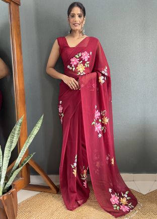 Pink Floral Print Saree In Georgette
