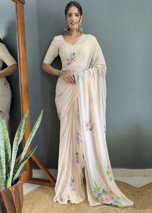 Off-White Floral Print Georgette Saree