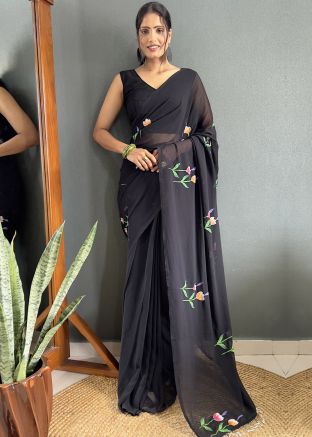 Black Floral Print Saree In Georgette