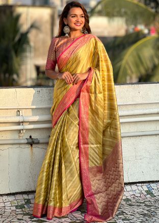Yellow Zari Woven Saree With Blouse