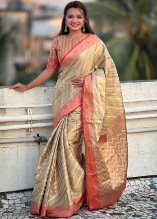 Beige Zari Woven Saree In Tissue Silk
