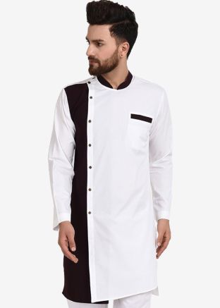 White And Black Front Slit Style Asymmetric Indian Kurta For Men