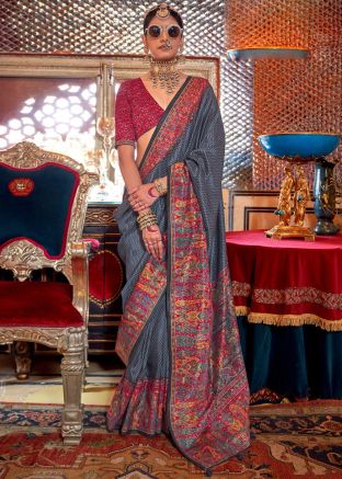 Grey Art Silk Saree In Print