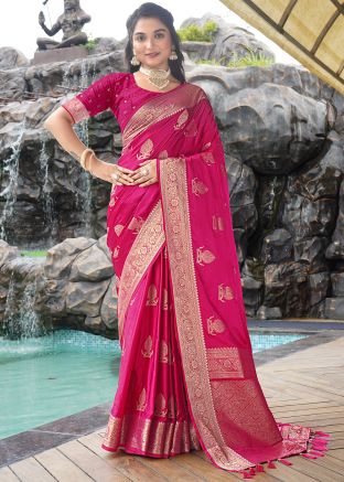 Hot Pink Zari Woven Satin Silk Saree