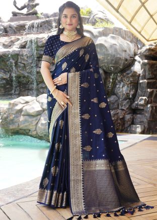 Navy Blue Zari Woven Saree In Satin Silk