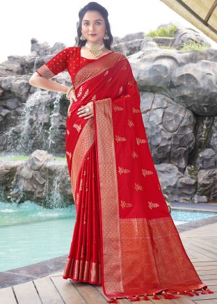 Red Satin Silk Saree In Zari woven Work