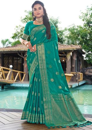 Turquoise Satin Silk Saree In Woven Work