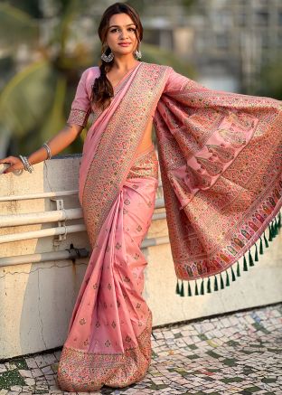Pink Woven Saree In Art Pashmina Silk 