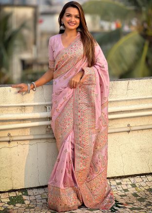 Light Pink Woven Saree In Art Pashmina Silk 