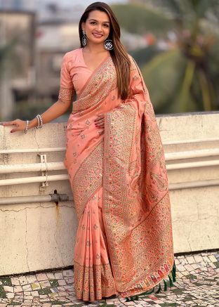 Peach Art Pashmina Silk Woven Saree