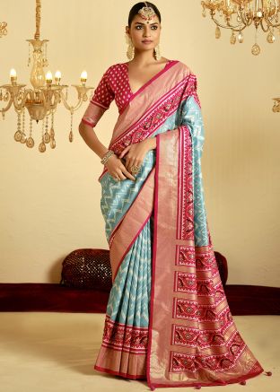Blue Printed Satin Saree With Blouse