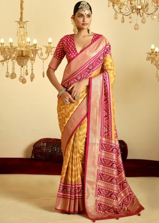 Mustard Yellow Printed Saree With Blouse