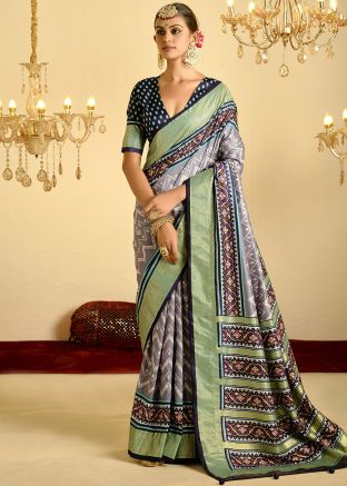Grey Satin Saree & Blouse In Print
