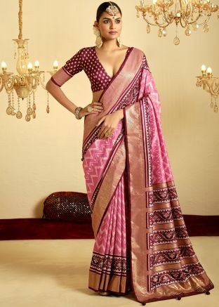 Pink Satin Saree & Blouse In Print