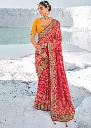 Red Bandhej Print Saree In Georgette