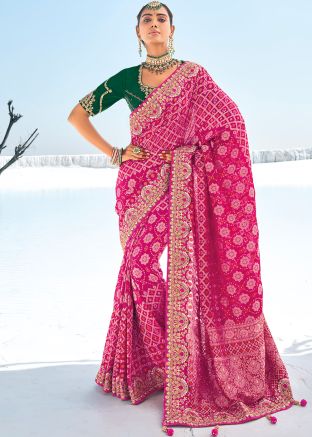 Pink Georgette Saree In Bandhej Print