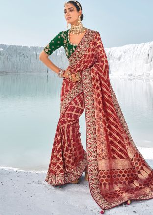 Red Georgette Saree In Embroidery