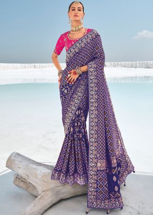 Purple Zari Embroidered Georgette Saree