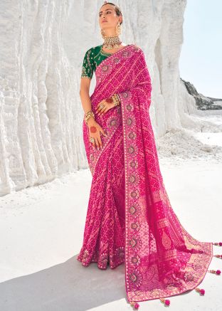Pink Bandhej Print Saree With Blouse