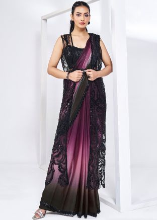 Shaded Wine & Black Pre-Stitched Jacket Style Saree